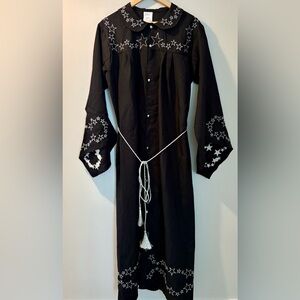 Vintage Black Maxi Dress with White Star Embroidery & Rope Belt